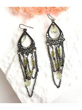 Ultra Dark Silver Toned Green Rhinestone Chandelier Vintage Dangle Earrings